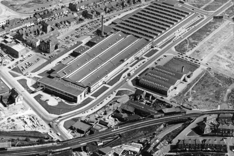 Surrounded by housing and the busy Frederick Street shopping area, the large Plessey Telecomunications factory and the smaller Mary Harris clothing factory are pictured in the new industrial complex at South Shields in 1971. Photo: Shields Gazette