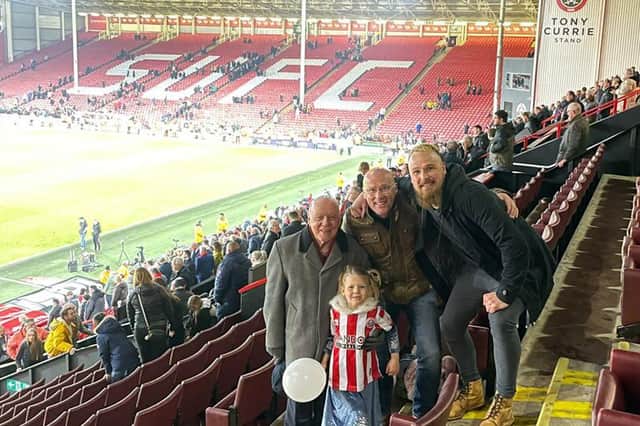 Family of Sheffield United supporters: Chopsy with her dad Mick (right), grandad Adey (centre) and great-grandad John. Picture: ChopsysFootballDiary / SWNS