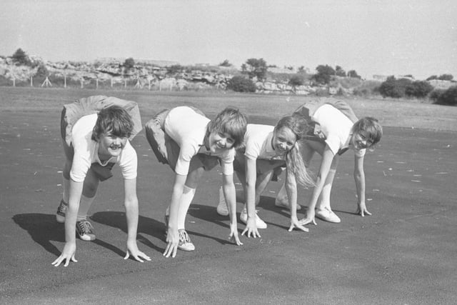 On their marks at the Carley Hill Junior School Summer play scheme in 1979.
Pictured left to right are : Alison Chipp, 11, Beverley Orr 14, Donna Dennis 11 and Jacqueline Baker 12.