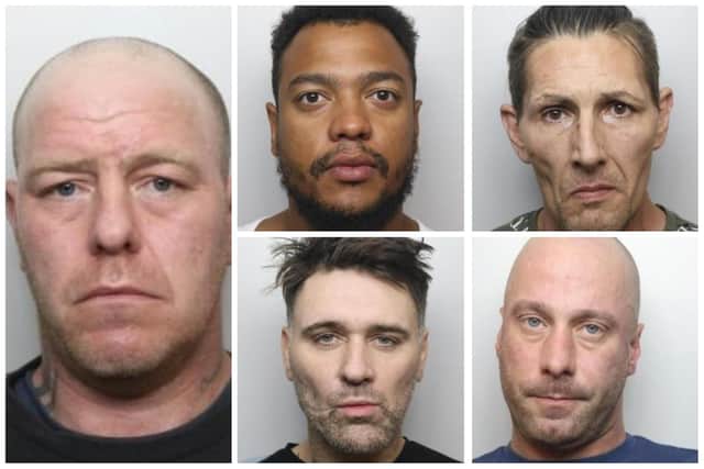 Defendants Gareth Houldon, Luke Duncan, John Smedley, James Roberts and Mark Smith have all admitted to criminal offences relating to the violent attack, which was carried out in a car port connected to Houldon’s home on Beaumont Mews, Manor, on August 8, 2022, while Houlden’s partner and children were present.

During hearings held at Sheffield Crown Court in June 2023, Prosecutor, Ian West,  said the victim – the complainant – who was then aged 45, was ‘persuaded’ to go to Houlden’s home by Smedley and Smith.

“The first violence happens off camera, Roberts punches the complainant forcefully, and the complainant stumbles backwards,” Mr West said, adding: “Houlden then moves towards the complainant, and shoots him in the leg.

The court heard how after Houldon carried out the shooting, the other defendants proceeded to inflict more violence upon him, as part of a group attack.



The defendants all pleaded guilty to the charges they faced at earlier hearings, with Houldon, then aged 44, of Beaumont Mews, Manor, Sheffield, admitting to offences of grievous bodily harm with intent; possessing a prohibited firearm, possessing ammunition and two charges of possession with intent to supply Class A drugs, relating to wraps of heroin and crack cocaine found in his carport during a police search carried out in the days following the shooting.

30-year-old Duncan, of Chesterfield Road, Woodseats, Sheffield, also admitted a charge of grievous bodily harm with intent.

Smedley, then aged 44, of Manor Park Centre, Manor, Sheffield; Roberts, aged 40, of Rockingham Street, Sheffield city centre and 41-year-old Smith, of Blackstock Road, Hemsworth, Sheffield, pleaded guilty to a charge of affray.

Judge Rachael Harrison said immediate custody was ‘unavoidable’ for all five defendants and sentenced Roberts to 19 months in prison; Smith received a 21-month jail sentence; Smedley was sentenced to 25 months’ immediate custody; Duncan was jailed for 52 months while Houldon received a sentence of nine years, five months.

The defendants have all been jailed for their involvement in a shooting on the Manor estate, carried out at the home of Gareth Houldon (left) while his children were present. The other defendants pictured are top middle: Luke Duncan; top right: John Smedley; bottom middle: Mark Smith; bottom right: James Roberts
