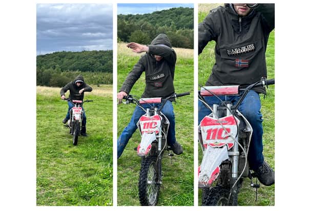 Police want to speak to this man after an off-road motorcyclist  in Westwood Country Park verbally abused a woman and rode his bike straight at a woman, injuring her leg.