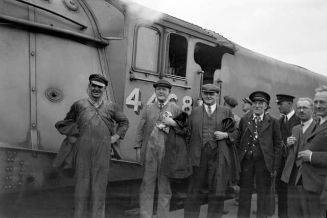 Mallard 3rd July 1938. L to R - Fireman T Bray, Driver J Duddington, both based at Doncaster shed, Inspector 'Sam' Jenkins from LNER Head Office, and Guard Henry Croucher of Kings Cross. Picture: Science Museum Group Collection
