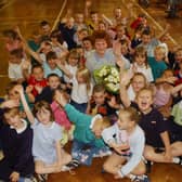 Dinner lady Merle Aubrey is given a big send off after 28 years at Woodthorpe Primary School, in July 2004