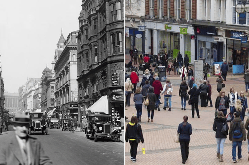 Birmingham New Street can be seen here in 1931 and the present day on the right. The street underwent large development during the 18th and 19th century as Birmingham’s economy started to develop