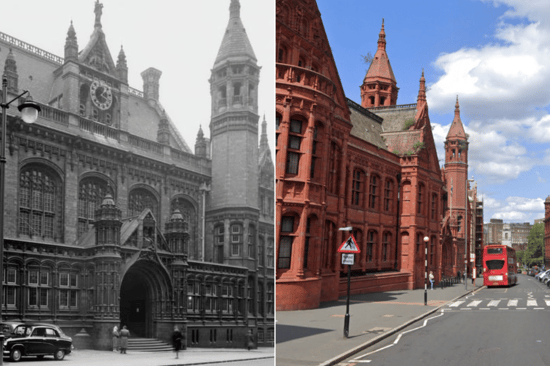 The Victoria Law Courts on Corporation Street pictured in 1962 on the left. Designed by Aston Webb and Ingress Bell, the red brick and terracotta building now houses Birmingham Magistrates’ Court (right).