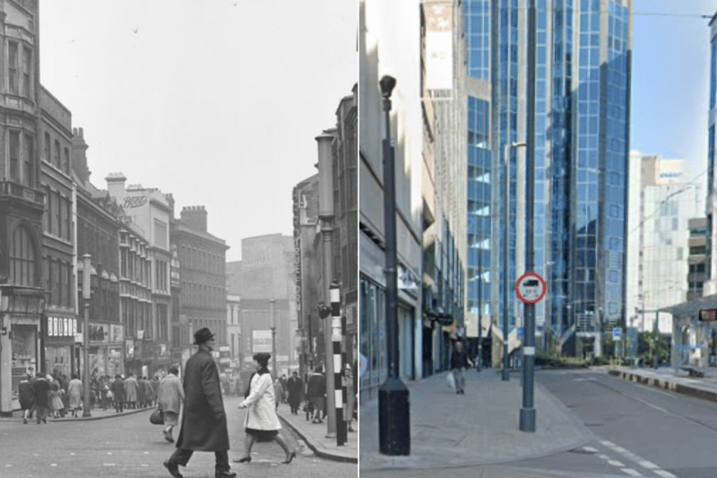 As well as a number of shop, Bull Street also has the West Midlands Metro running through it today, with a tram stop also located on the street. The area was still packed with shops in 1962, as seen on the left here