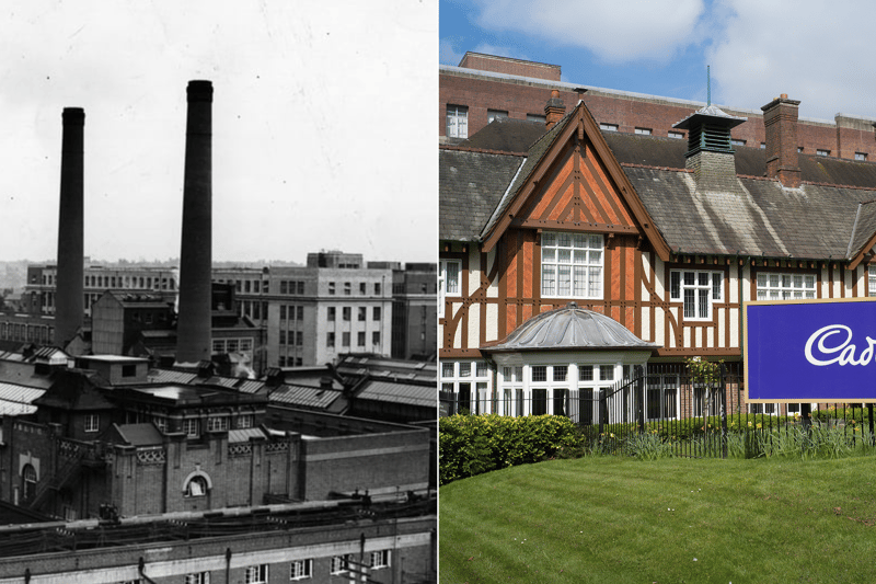 Bournville’s Cadbury Factory is shown on the left here in 1934, and again as Cadbury World in 2017 on the right
