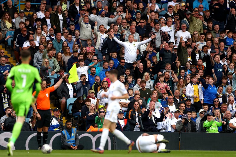Leeds United fans react in the stands during Saturday’s win.