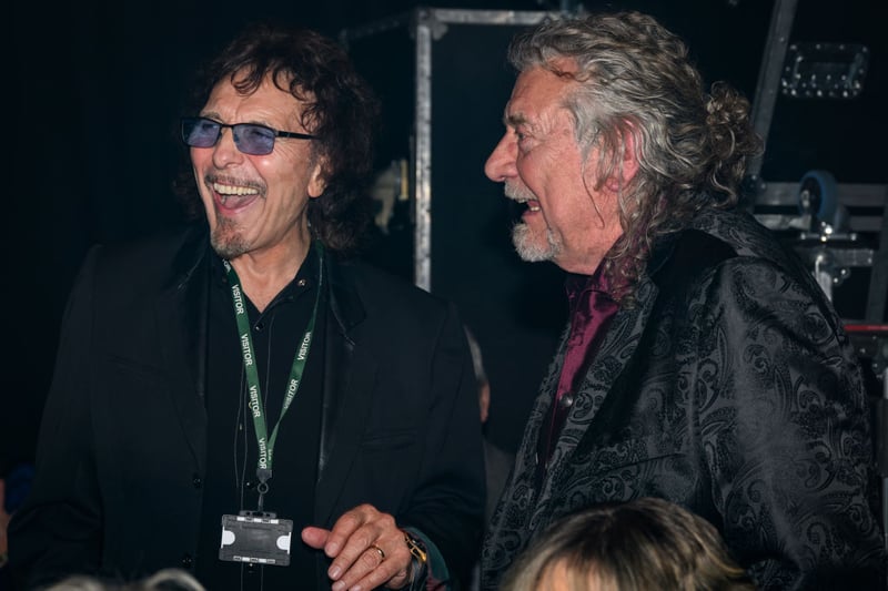 Tony Iommi and Robert Plant attend the opening night of “Black Sabbath - The Ballet” at Birmingham Hippodrome on September 23, 2023 in Birmingham, England. (Photo by Katja Ogrin/Getty Images)