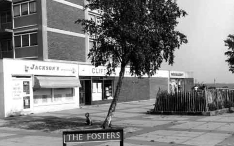 The Fosters flats, High Green, in 1985, showing Jackson's butchers and Clifton's supermarket