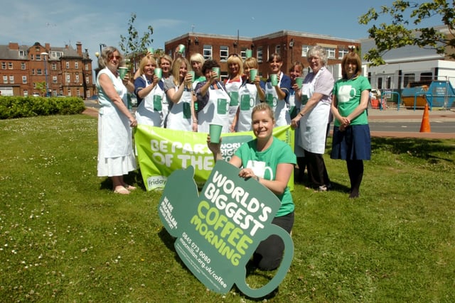 The launch of the Sunderland Royal Hospital coffee morning in 2010 with Macmillan nurses and volunteers in the picture.