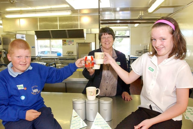 Liam McGrath and Zoe Anderson helped Alma Ingleby raise money at Hetton Primary School in 2006.