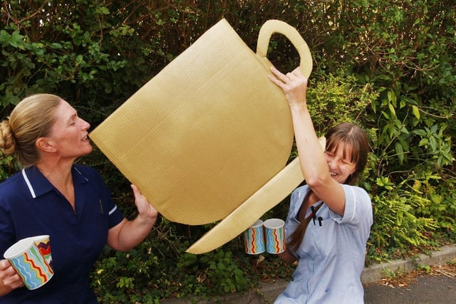 A giant cuppa for Lynn Bell, left, and Linda Ridley at the North View Lodge home in 2005.