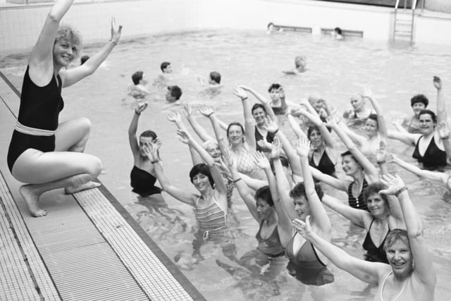 The first water workout at Crowtree Leisure Centre with aerobics instructor Ellen Hargreaves in 1987.