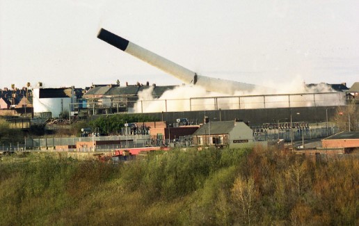 The 250ft high chimney at the incinerator in Trimdon Street going down.