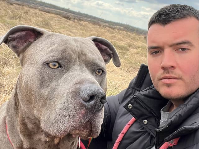 Liam Cousins, with Kobi, one of two XL Bully dogs he owns, which he describes as the most loving dogs he has had. He would like to see dog licences brought back.