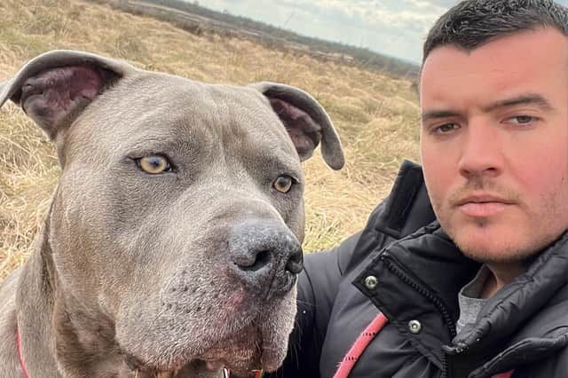 Liam Cousins, with Kobi, one of two XL Bully dogs he owns, which he describes as the most loving dogs he has had. He would like to see dog licences brought back. Picture: Liam Cousins
