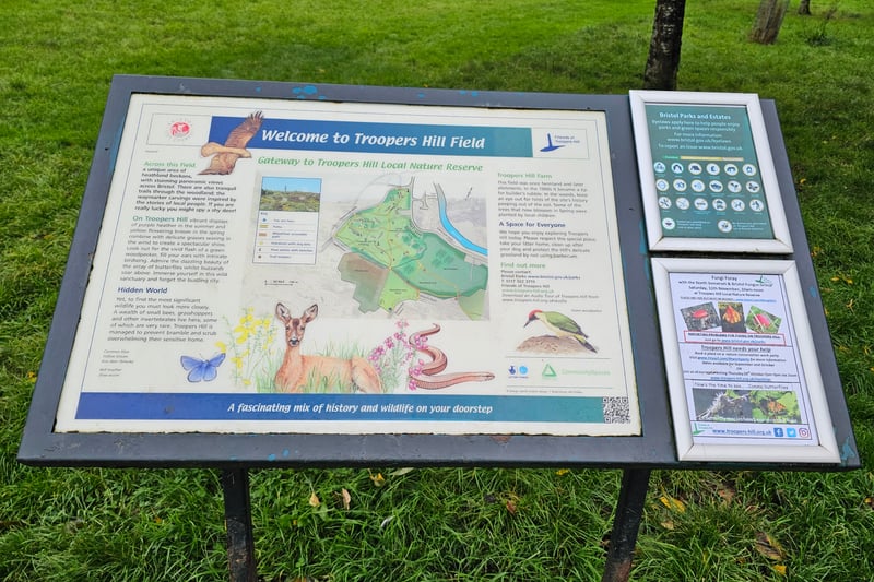 Found in Troopers Hill Field the information board includes a map of Troopers Hill as well as information on the wildlife found in the nature reserve park including bell heather, slow worm, woodpeckers, butterflies and roe deer.