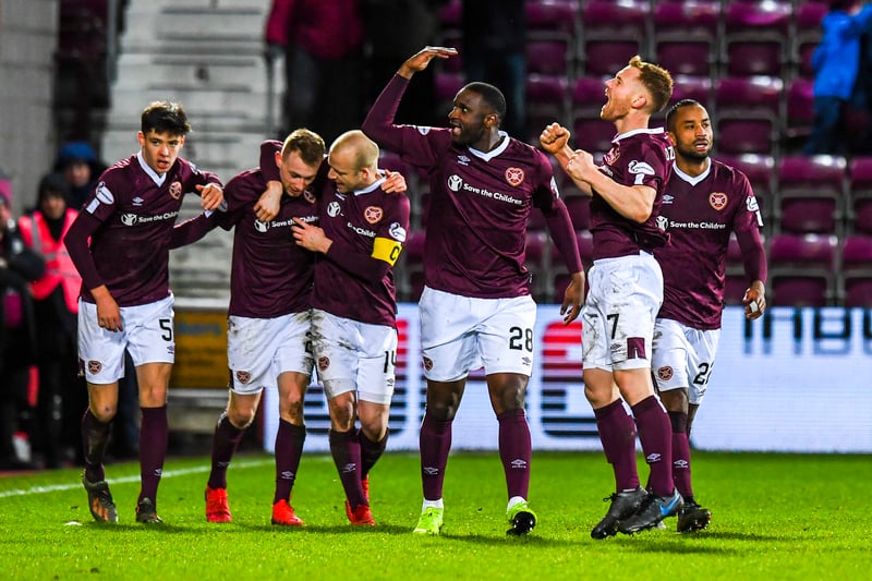 Hearts celebrate beating Rangers 1-0 in Scottish Cup Quarter-final fixture at Tynecastle Park.