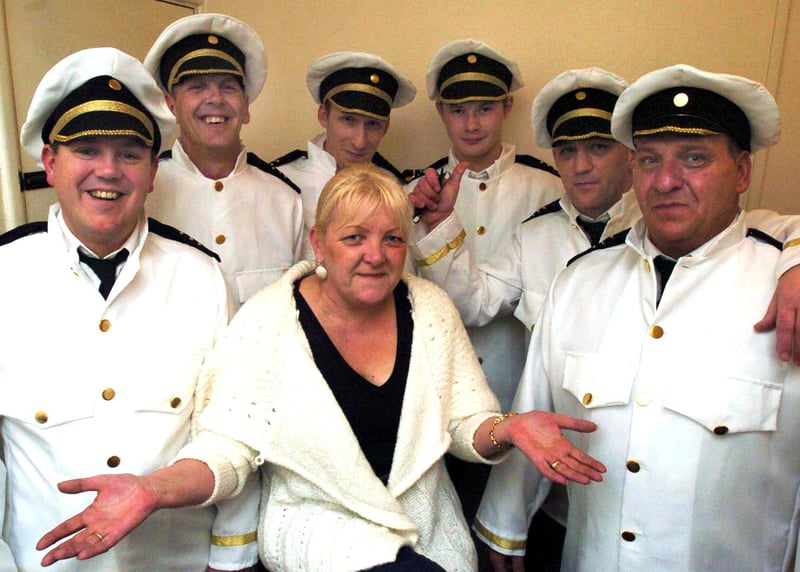 Pictured at the Penguin pub, on  Mason Lathes Road, Shiregreen, Sheffield, where a charity event was held to raise money for the Harvey Phillips Trust. Landlady Lesley Tuckwood is seen with six of her locals who were performing a Full Monty at the event in 2006. Included in the line-up were Mark Bell, Lance Wood, Andrew Woods, Dennis Kelk, Neil Cooper, and Steve Rimmington.