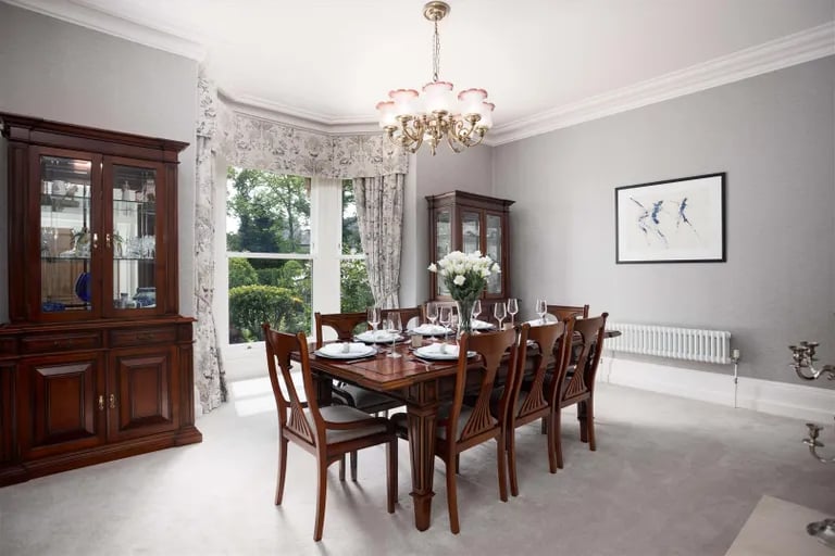 The separate dining room with bay window.