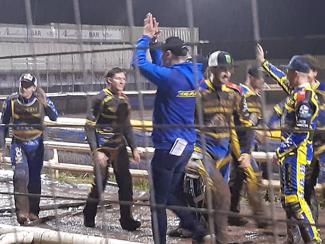 Simon Stead and the Sheffield Tigers riders applaud fans after beating Wolverhampton to secure a place in the Sports Insure Premiership grand final.