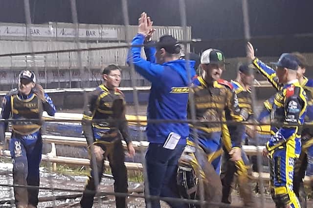 Simon Stead and the Sheffield Tigers riders applaud fans after beating Wolverhampton to secure a place in the Sports Insure Premiership grand final.