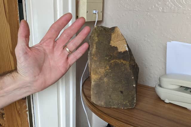 The rock which was thrown through the glass in a house in Shirecliffe, Sheffield, on Tuesday night. Submitted picture