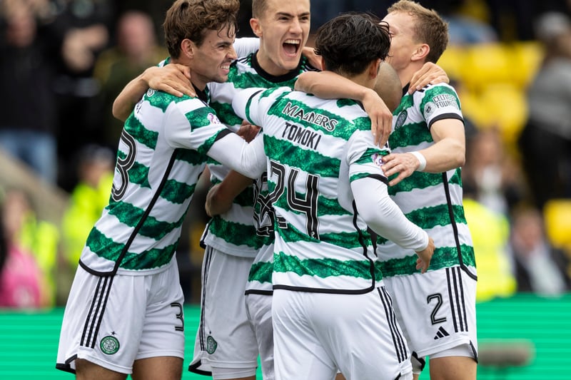 Daizen Maeda is congratulated by his Celtic team mates after scoring against Livingston at the Tony Macaroni Arena.