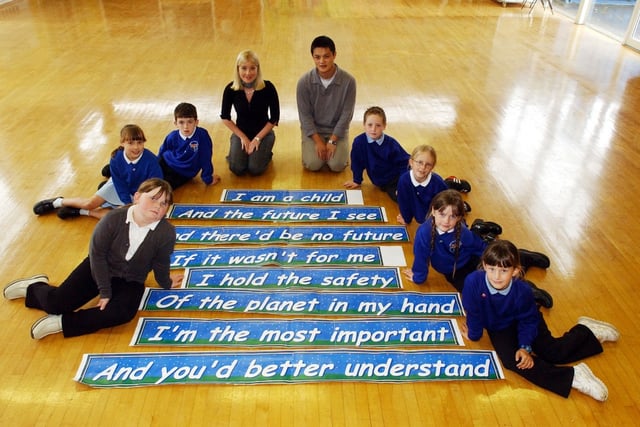 Pupils from Carley Hill Primary School celebrated National Poetry Day in 2003 with giant banners and the help from Sunderland Education Action Zone.