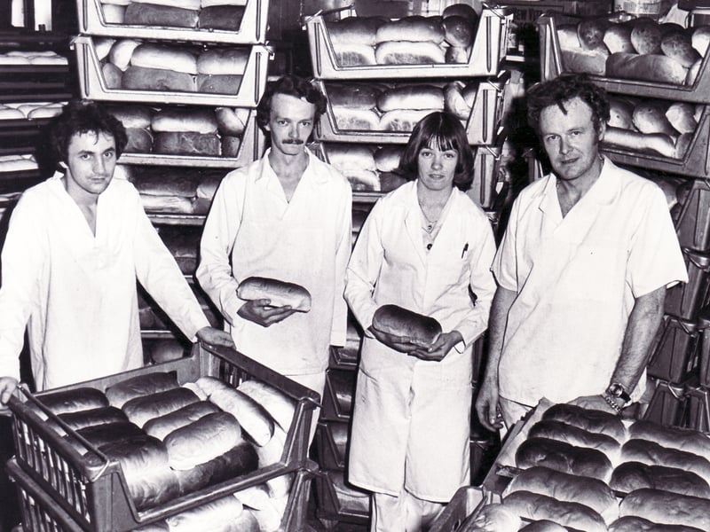 Members of staff at Bilton's Bakery, Leigh Street, Attercliffe, Sheffield, pictured in November 1978, when they were baking bread continually to stock up ready for the bakers strike. Pictured left to right are Jeffrey Bailey, Neil Bilton, Denise Tomlinson and Philip Bilton