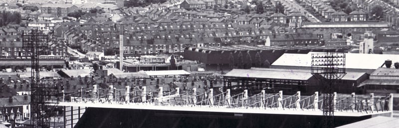 Sheffield United's Bramall Lane stadium, viewed from a crane on Moorfoot, in August 1978