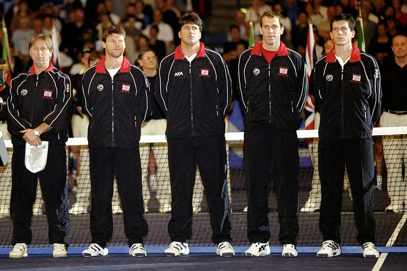 24 Sep 1999:  The Great Britain team line up prior to the Great Britain v South Africa, Davis Cup match from the National Indoor Arena, Birmingham, England. The match finished in a 4-1 win to Great Britain.  \ Mandatory Credit: Gary M Prior/Allsport