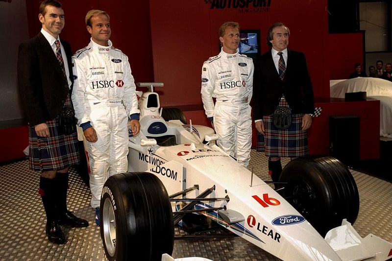 7 Jan 1999:  Rubens Barrichello of Brazil and Johnny Herbert of Great Britain unveil the new F1 car at the Stewart Launch in Birmingham, England.  \ Mandatory Credit: Tom Shaw /Allsport