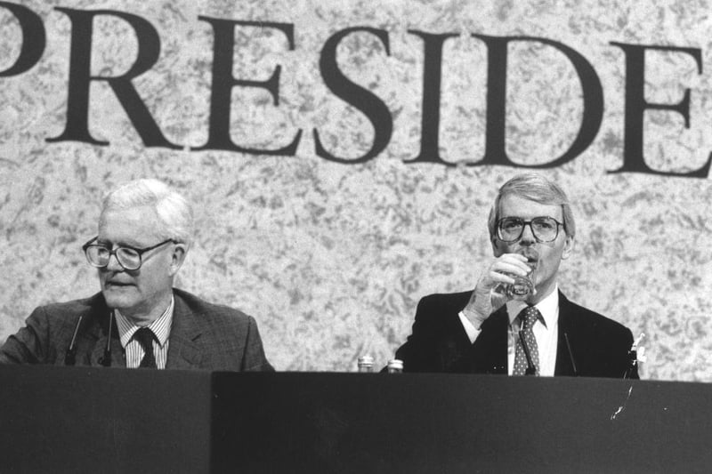 British Prime Minister John Major, and Douglas Hurd, the foreign secretary, at the EC summit in Birmingham, October 1992. (Photo by Steve Eason/Hulton Archive/Getty Images)