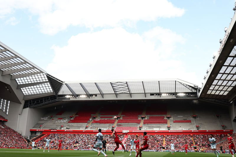 The incomplete renovations to the Anfield Road stand are seen here.