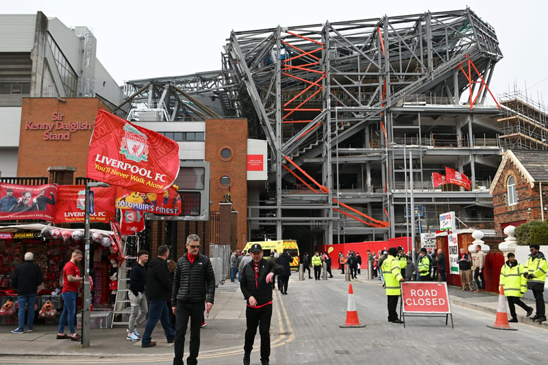 A detailed view of the on-going construction work of the expansion of the Anfield Road stand is seen from outside the stadium.