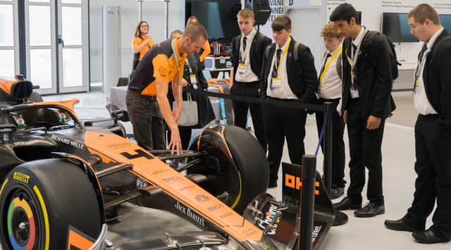 The Formula 1 car driven by superstar driver, Lando Norris, was the excellent example for South Yorkshire students to learn about engineering. (Photo courtesy of the Advanced Manufacturing Research Centre)