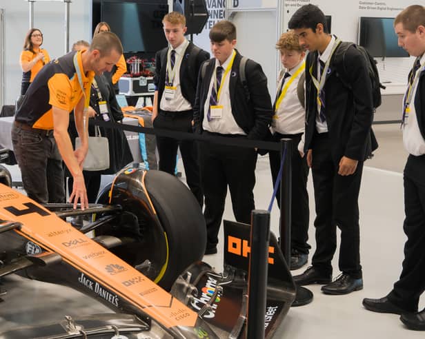 The Formula 1 car driven by superstar driver, Lando Norris, was used to help  South Yorkshire students learn about engineering. (Photo courtesy of the Advanced Manufacturing Research Centre)