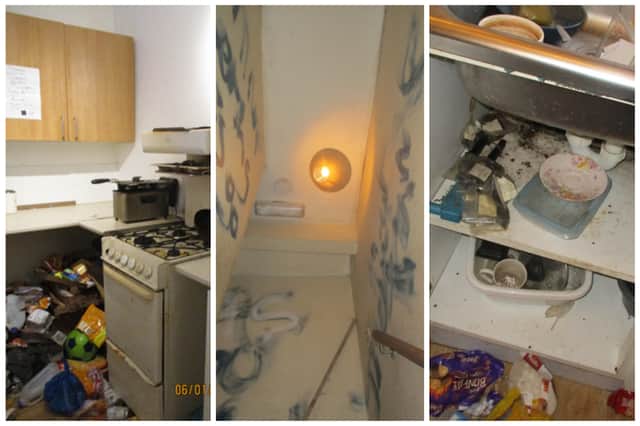 Photos show the extent of conditions inside of Nilendu Das' properties, with graffiti-like spray paint on the staircase and filthy messes in the kitchen.