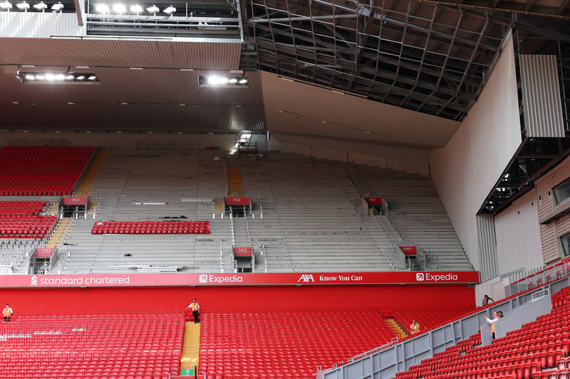 A view of the renovations to a section of the Anfield Road End stand inside the stadium.