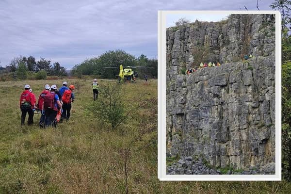 Emergency services were called to rocks near Stoney Middleton after a climber suffered serious head injuries. He was taken to the Northern General Hospital in Sheffield. Picture: Edale Mountain Rescue