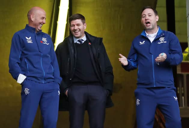 Former Rangers managers Steven Gerrard (centre) and Michael Beale (right). Cr. Getty Images
