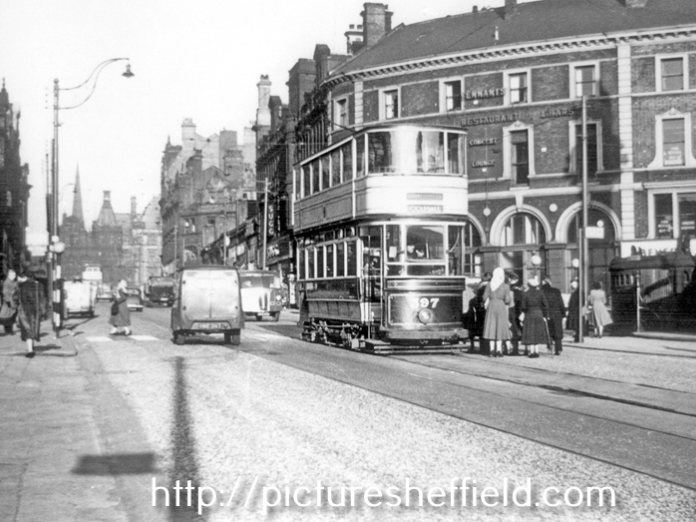A tram on Pinstone Street, in front of the Nelson Hotel, in the 1950s. Photo: Picturesheffield.com