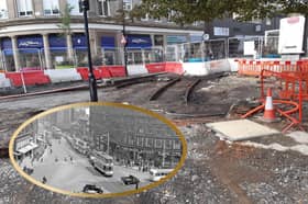 Work on Fargate has revealed the old tram tracks which once ran down the busy Sheffield street until 1960. Our gallery shows 13 pictures of how the street and those nearby looked in the original days of trams. Main picture: David Kessen, National World. Inset: picturesheffield.com
