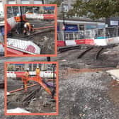 Pictures show workmen digging up historic tram tracks which have been buried under the road near Fargate. Pictures: David Kessen, National World