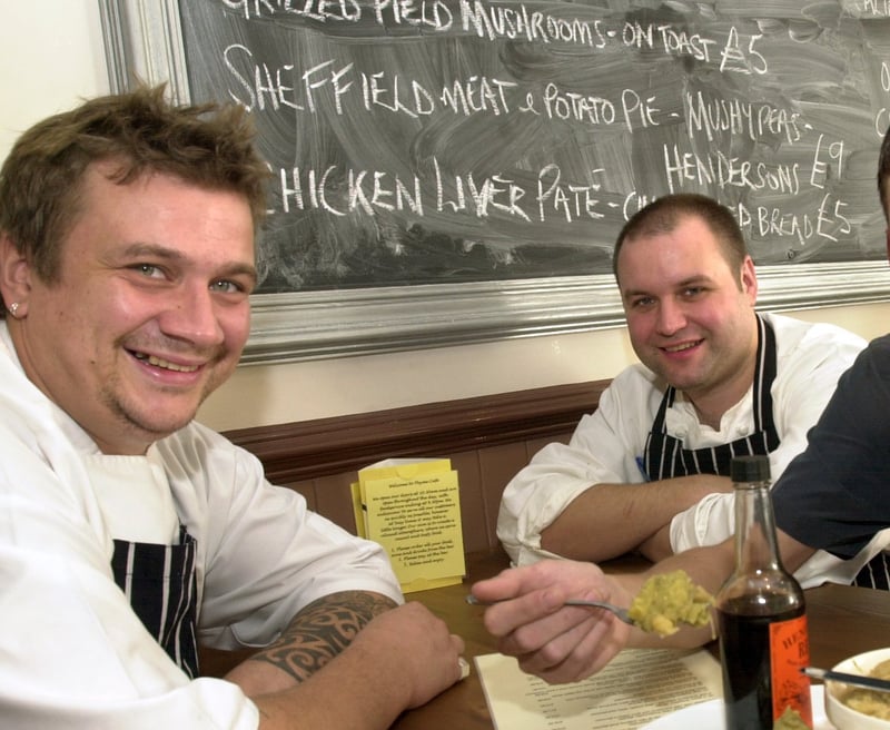 John Parsons (head chef), Adrian Cooling (chef-director) and Greg Forbes (restaurant manager) at Thyme Cafe, on Glossop Road, Sheffield, with the Sheffield Meat & Potato Pie Dish in 2003