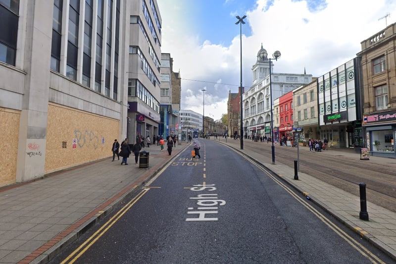 The joint-highest number of reports of  offences that took place in Sheffield in August 2023 were made in connection with incidents that took place on or near High Street, Sheffield city centre, with 34