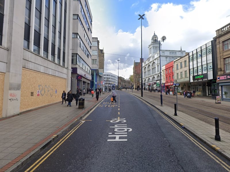 The joint-highest number of reports of offences that took place in Sheffield in August 2023 were made in connection with incidents that took place on or near High Street, Sheffield city centre, with 34