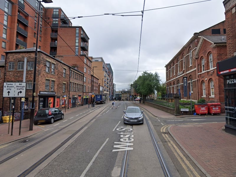 The fourth-highest number of reports of offences that took place in Sheffield in August 2023 were made in connection with incidents that took place on or near West Street, Sheffield city centre, with 22